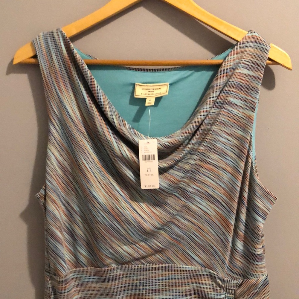 NWTS ANTHROPOLOGIE CHIC COWL NECK BLUE MARLED RUCHED DRESS (LP) - Picture 5 of 17
